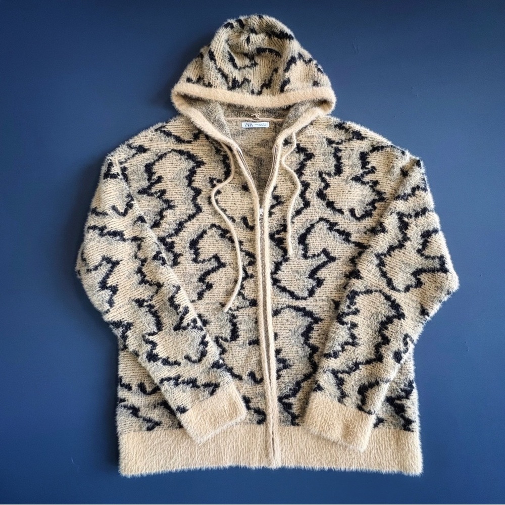 Zara Cream and Black Hooded Cardigan Size M